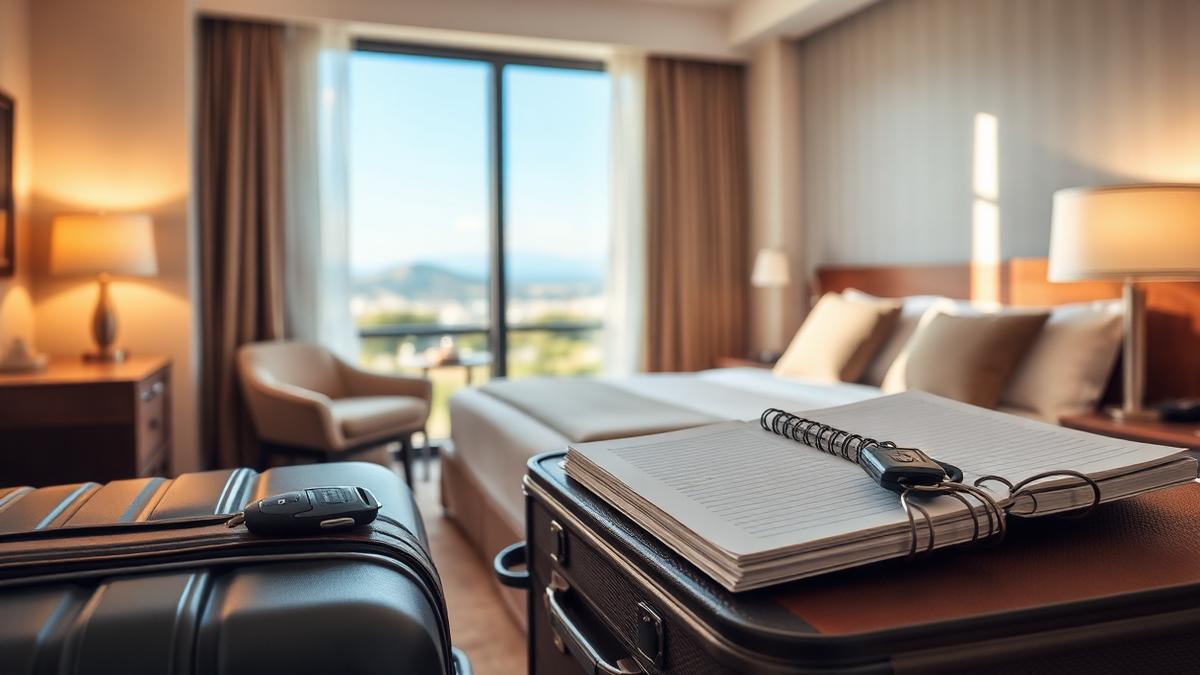 Pokój hotelowy z walizką i kluczykami — kurs prawa jazdy z zakwaterowaniem
